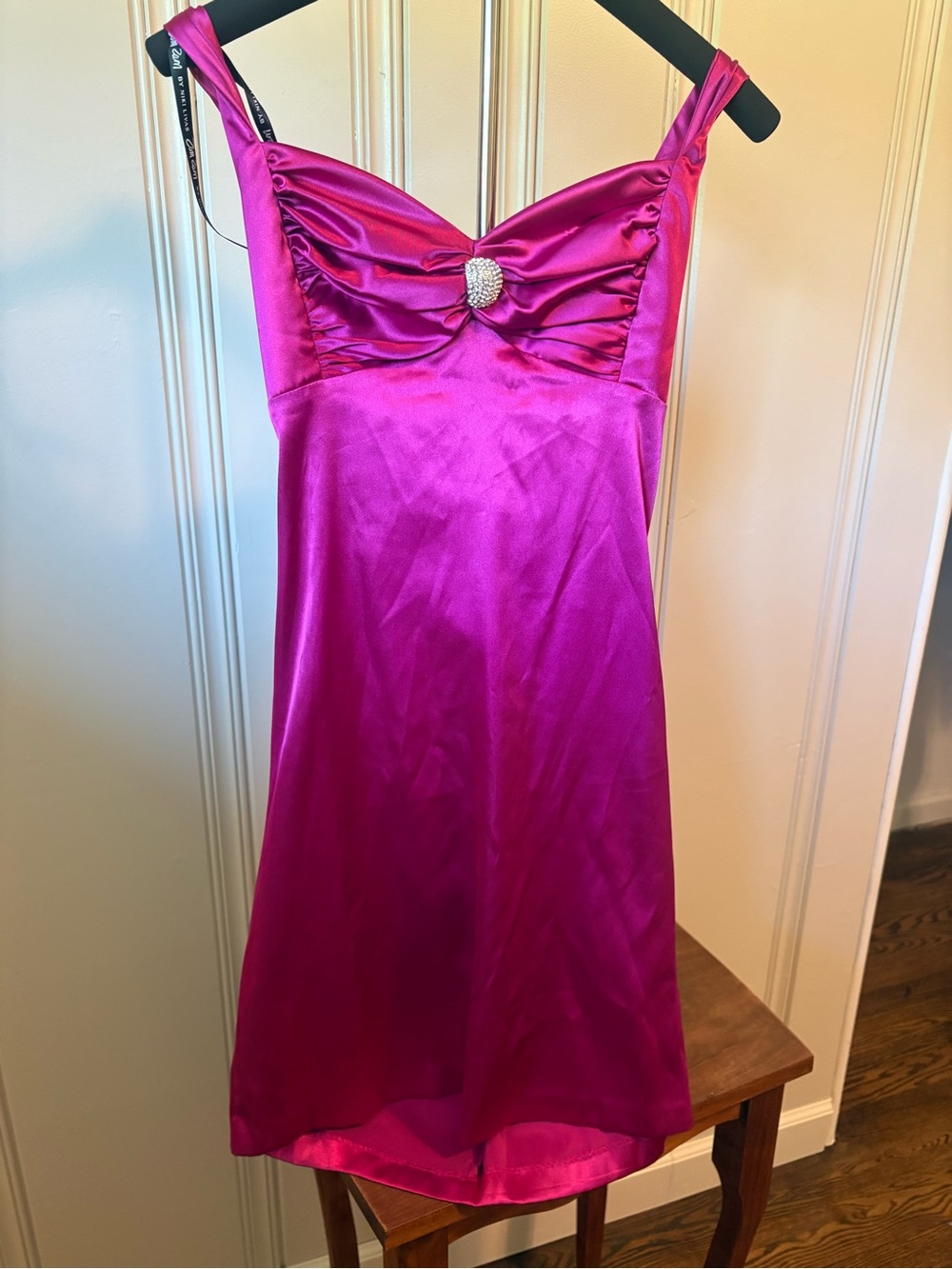 Zum Zum by Niki Livas Hot Pink Satin Prom Slip Dress with Rhinestone Accent